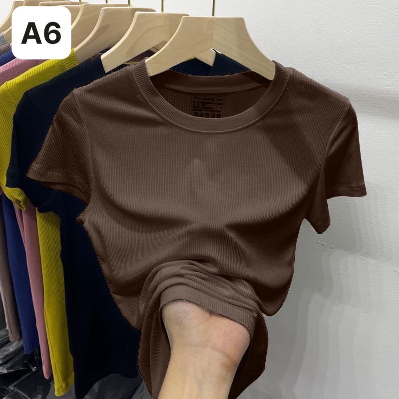 Áo Thun Nữ Hàn Quốc Tay Ngắn Cổ Tròn Trơn Ôm Body Chất Liệu Borip coton Cotton Women Top Đen 2