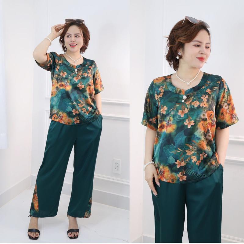 MS15 Đồ Bộ Trung Niên Áo Cổ Đính Ngọc Quần Suông 9 Tấc Vải Lụa Hai Da Tô Châu Nữ Women Top