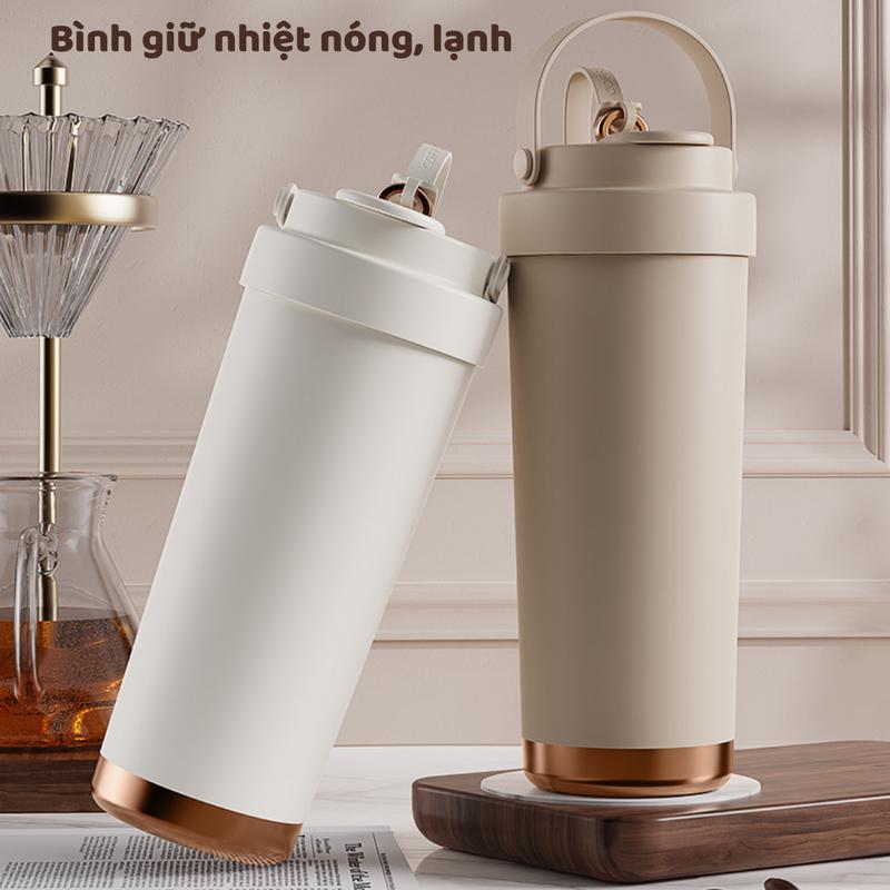 Ly giữ nhiệt có quai xách bình nước giữ nhiệt nóng lạnh inox 316 lót gốm cao cấp có ống hút