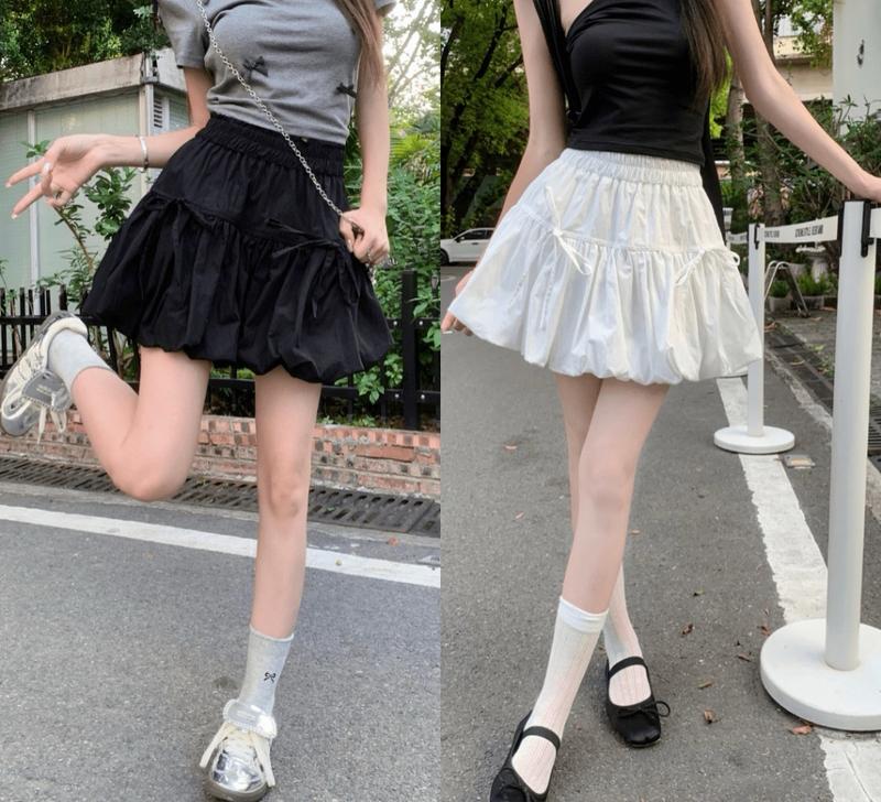 Chân váy ngắn CV.040, Chân váy nữ dáng ngắn form bí ngô cạp chun co dãn phối 2 nơ phong cách dễ thương - Shop Chấm Bi