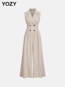 YOZY Women's Solid Color Button Front Jumpsuit, Elegant Commute Jumpsuit for Work Office Business, Ladies Clothes for All Seasons, Womenswear
