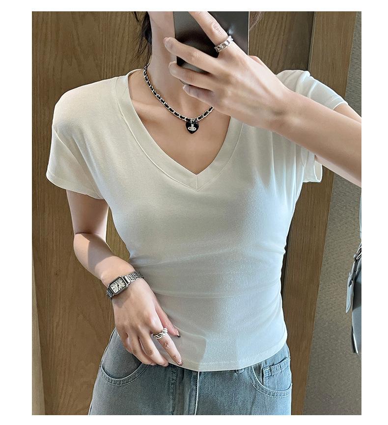 Product Introduction of Summer New Slim Fit V-Neck Short Sleeve T-Shirt for Women, Versatile Waist-Cinching Slimming High-End Top, Niche Style 17