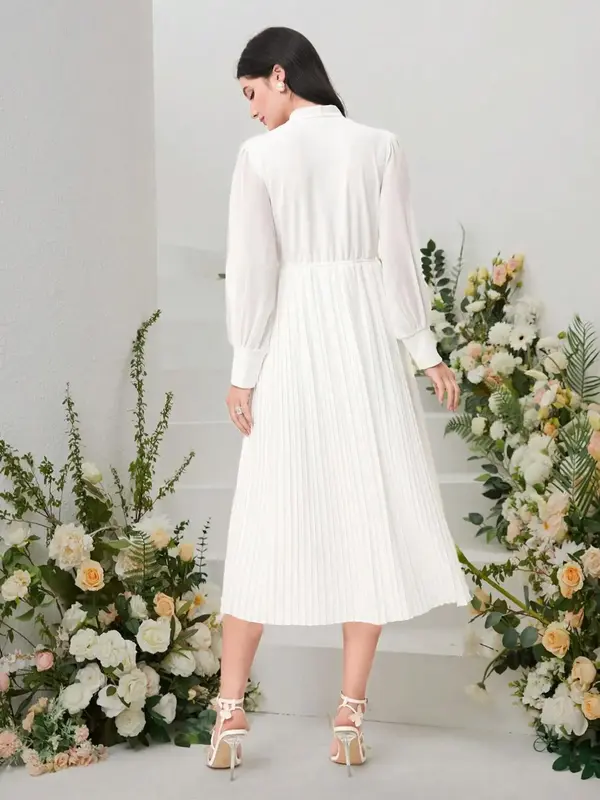 Women's Plain Pleated Tie Front Split A Line Dress Without Belt, Elegant Bishop Sleeve Tie Neck Midi Dress for Party Wedding Guest, Ladies Summer Clothes 1