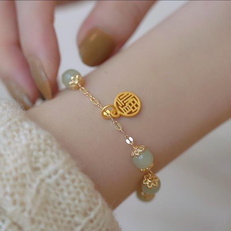 Product Introduction of Design Fu Character Bracelet Female Sansheng I Natural Hetian Retro High Sense Ins Couple Girlfriends 10