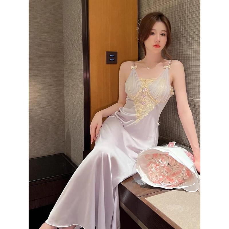 Đồ Ngủ Nữ, Có Đệm Ngực, Phong Cách Cung Điện Mỏng, Được Làm Bằng Chất Liệu Lụa Lạnh Thích Hợp Cho Mùa Hè, Dễ Thương Và Gợi Cảm, Giá Cả Phải Chăng, Sang Trọng, Ren Cao Cấp, Váy Ngủ Dài 4
