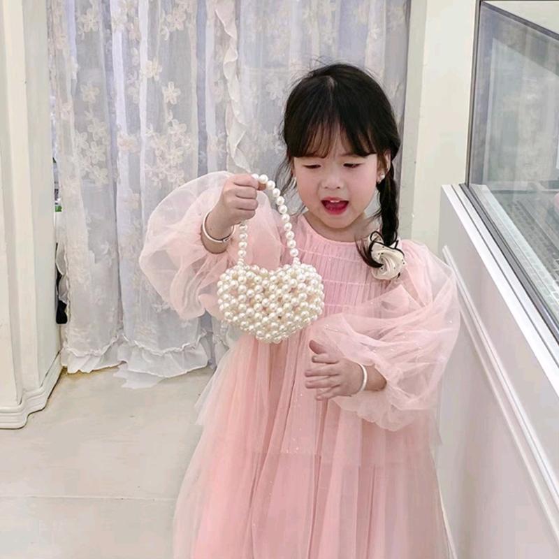 Túi Cầm Tay Kết Hạt Trai Nhân Tạo Màu Trắng Kem Cho Bé Balo Tim/Đeo Chéo 1