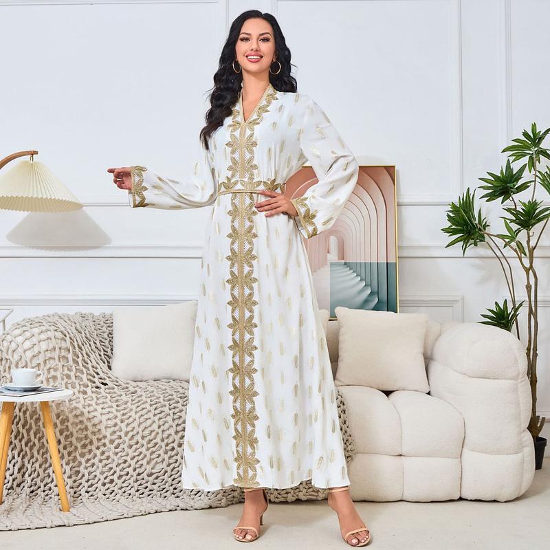 2025 Middle East New Fashion Women's Clothing Muslim Home Robe White Bronze Elegant V-neck Dress Abaya 1