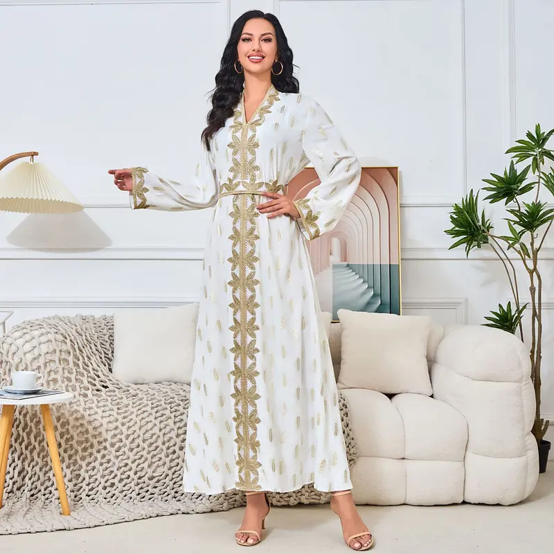 2025 Middle East New Fashion Women's Clothing Muslim Home Robe White Bronze Elegant V-neck Dress Abaya 1