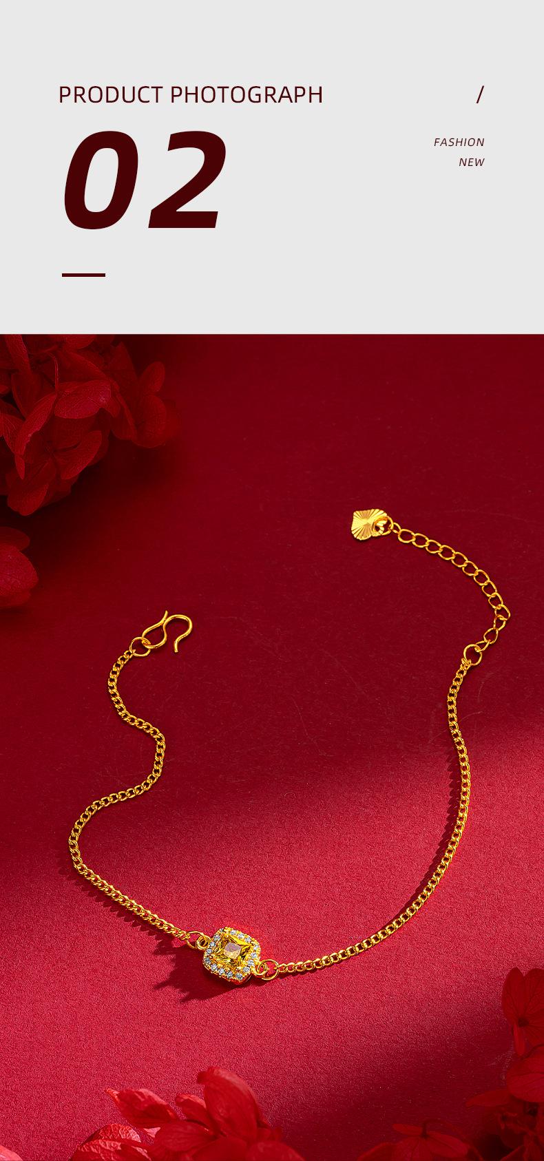 Product Introduction of Women's Light Luxury Super Shiny Small Sugar Cube Yellow Diamond Necklace Bracelet Ring Earrings Gold Plated High-end Internet Celebrity Sugar Cube Four-piece Set 5