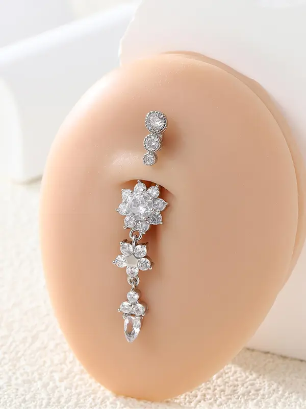 Women's Rhinestone Flowers Decor Belly Ring, Rhinestone Decorated Belly Button Ring, Elegant Flower Design Belly Piercing For Women 8