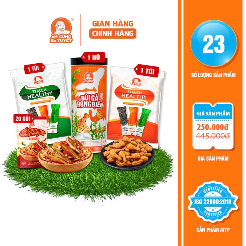 Combo  TUYỆT ĐỈNH BĂNG GIÁ : 1 hũ Snack Đùi Gà Rong Biển +2 túi Thạch + 10 gói Cá Cơm Tê Cay  Ăn Vặt - Ăn Cùng Bà Tuyết