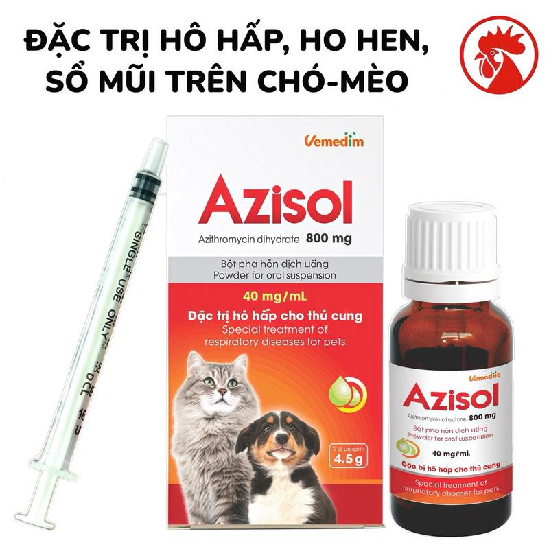Lọ dung dịch uống AZISOL (20ml) Vemedim xử lý bệnh hô hấp, ho, sổ mũi, nhảy mũi trên thú cưng, khò khè, sổ mũi trên chó, mèo, thú cưng.