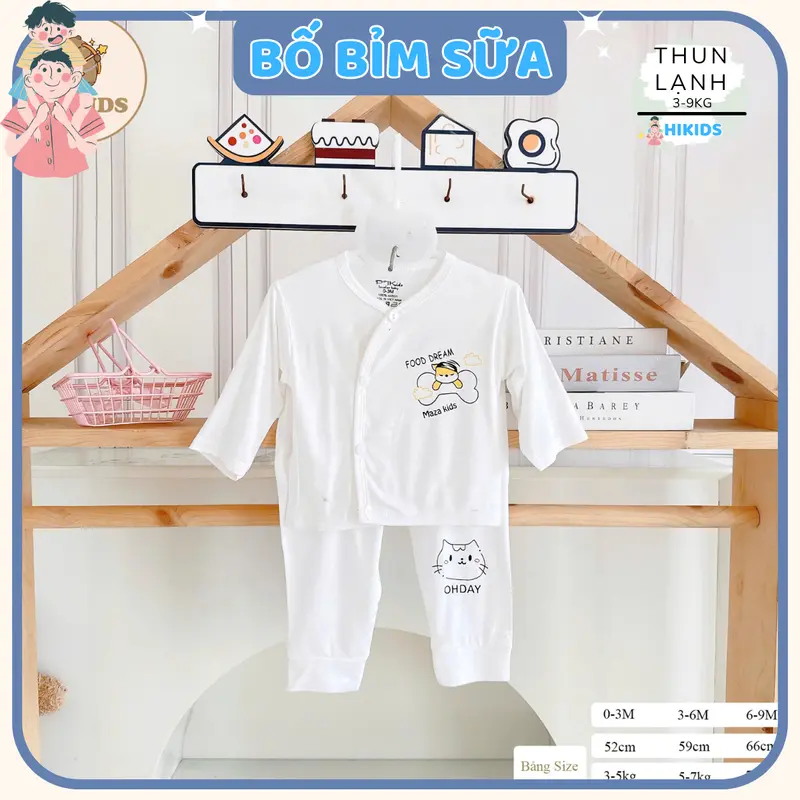 (Mỏng Mát) Combo 3 - 5 bộ quần áo dài tay sơ sinh TT chất thun lạnh cho bé  trắng in hoạ tiết cho bé 0 - 9 tháng [DL0] hikids set  đồ 6