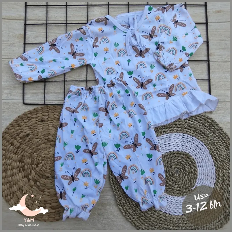 Y&M BABY - Baju Celana Setelan Piyama Bayi Perempuan Kancing Depan Usia 3-12 Bulan Motif Butterfly Karatkter Lucu Baju Tidur Bayi Cewe 6-12 Bulan 0