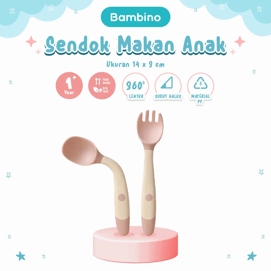 BAMBINO Sendok Garpu Bayi Makan Bayi Silikon Bpa Free Baby Kids Spoon Fork Set Blue Pink