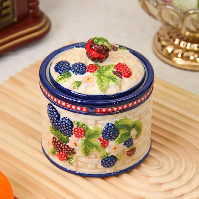 Fruit Pattern Ceramic Storage Jar, 1 Count Exquisite Hand Painted Seasoning Jar, Food Storage Container for Home Kitchen Dining Room, Utensils 0