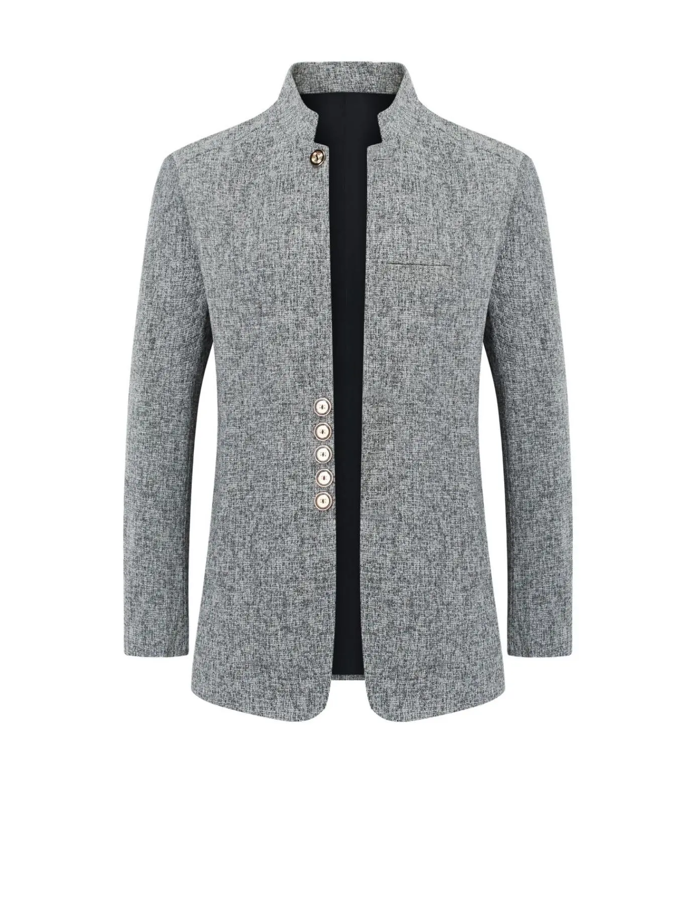 Men's Solid Color Button Pocket Blazer, Regular Fit Business Stand Collar Long Sleeve Outerwear for Spring & Fall, Fashion Men's Clothing for Work Office Business