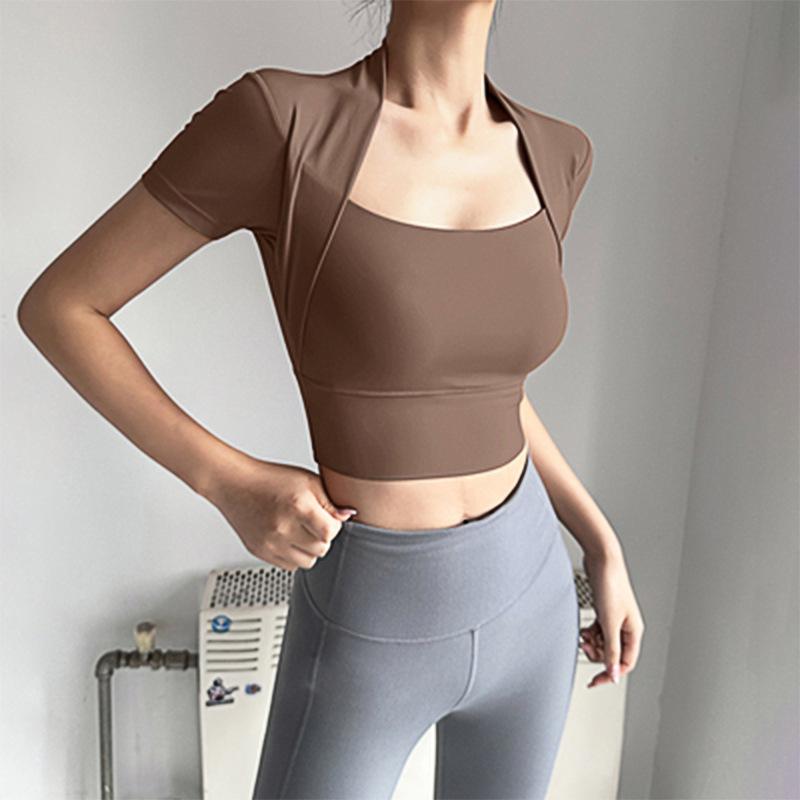 Áo Khoác Tập Yoga, Giả Hai Mảnh, Dành Cho Nữ, Có Đệm Ngực Có Thể Tháo Rời Thích Hợp Để Chạy Và Thể Dục, Mỏng Vừa Vặn, Áo Thun Tập Luyện ngắn Tay 8