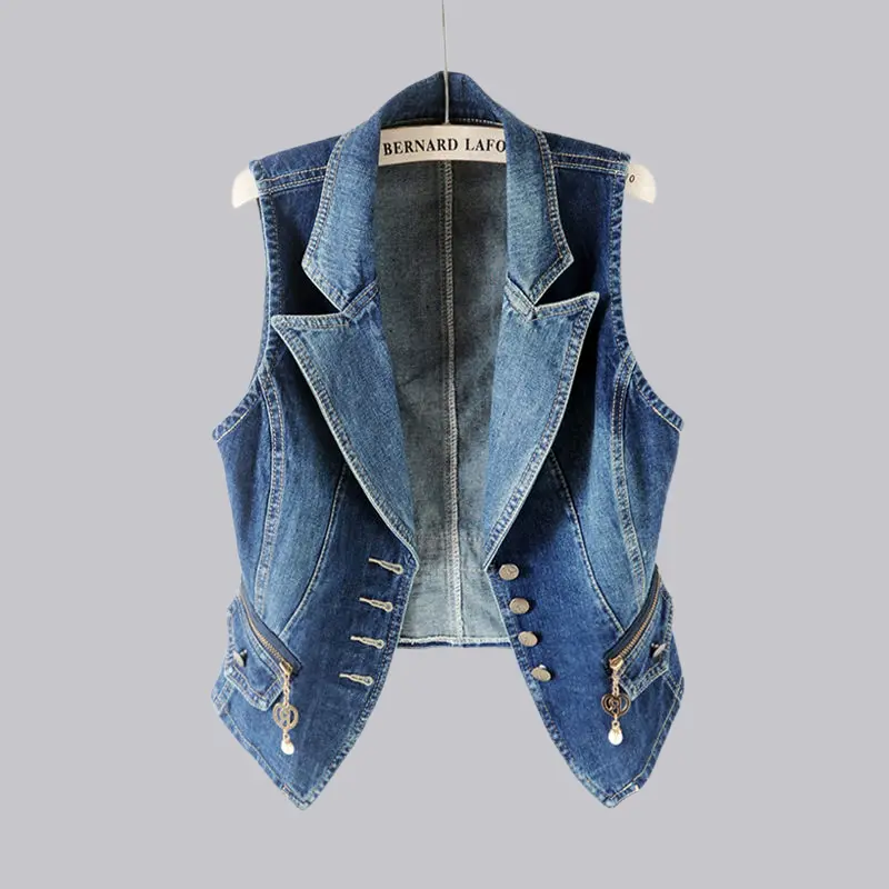 Denim Turn-Down Collar Single Breasted Zippers Sleeveless Women's Vest Short Jacket Coat Korean Fashion Jackets For Women 2025