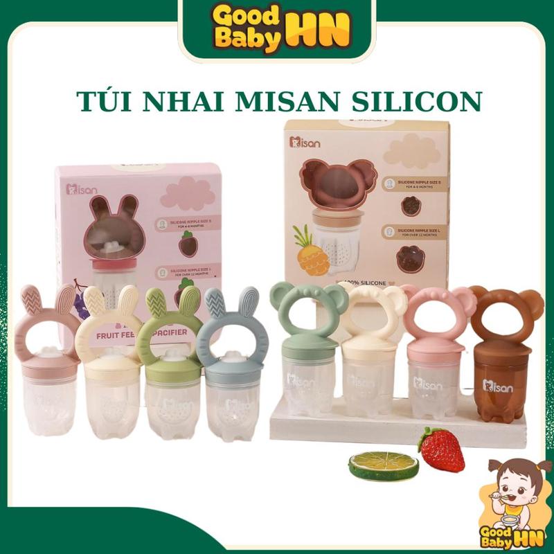 Túi Nhai Misan Silicon Cho Bé Từ 4 Tháng Nhiều Mẫu,Túi Nhai Đẩy Đồ Ăn Có Kèm 3 Núm Silicon