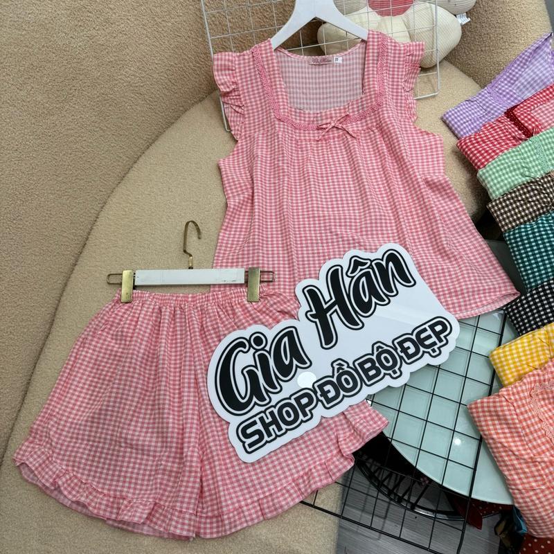 (40-85kg) ĐỒ BỘ MẶC NHÀ QUẦN ĐÙI CÓ TÚI SỌC KẺ NHÍ DỄ THƯƠNG Nữ Women