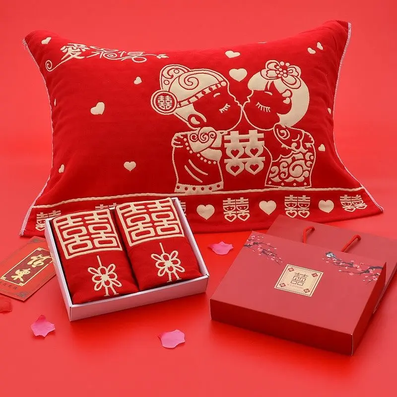 Vỏ Gối Cưới, Chất Liệu Cotton Nguyên Chất, Gói Một Cặp, Gạc Ba Lớp, Màu Đỏ, Thích Hợp Cho Đám Cưới, Bao Gồm Hộp Quà, Vỏ Gối