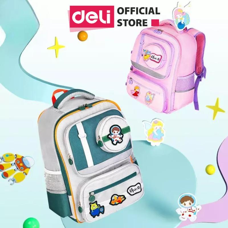 Balo cặp chống gù lưng học sinh dễ thương đi học Deli - Tặng kèm sticker vải Oxford nhẹ chống nước bụi thời trang nam nữ