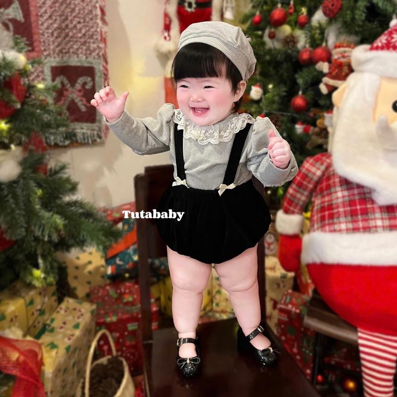 (ĐỘC QUYỀN) Bodysuit Cho Bé Set 3 Chi Tiết Body Chất Nhung Đen Mềm Phối Áo Tay Bồng Len Nhung Ghi X Và Mũ Nồi, Body Cho Bé 3-11kg