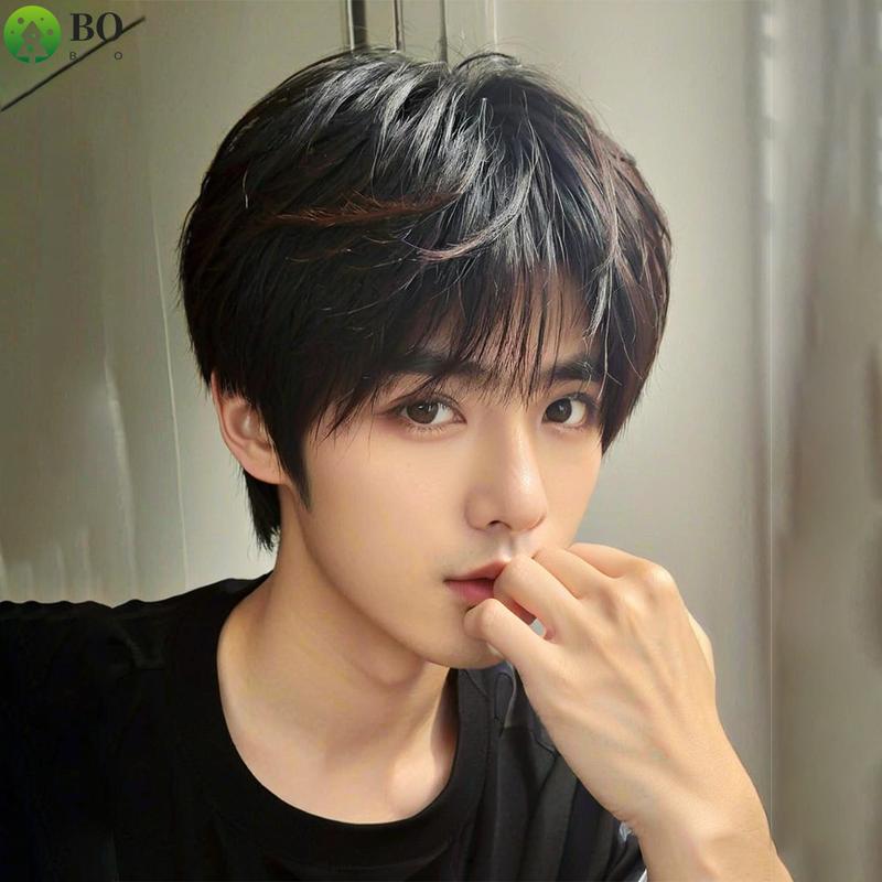 Rambut Wig Pria Rambut Lurus Pendek Berbulu Harian Pria Penutup Rusak Mikro Berbulu Alami Gaya Tutup Kepala Penuh Pria Tampan Kekanak-kanakan 1