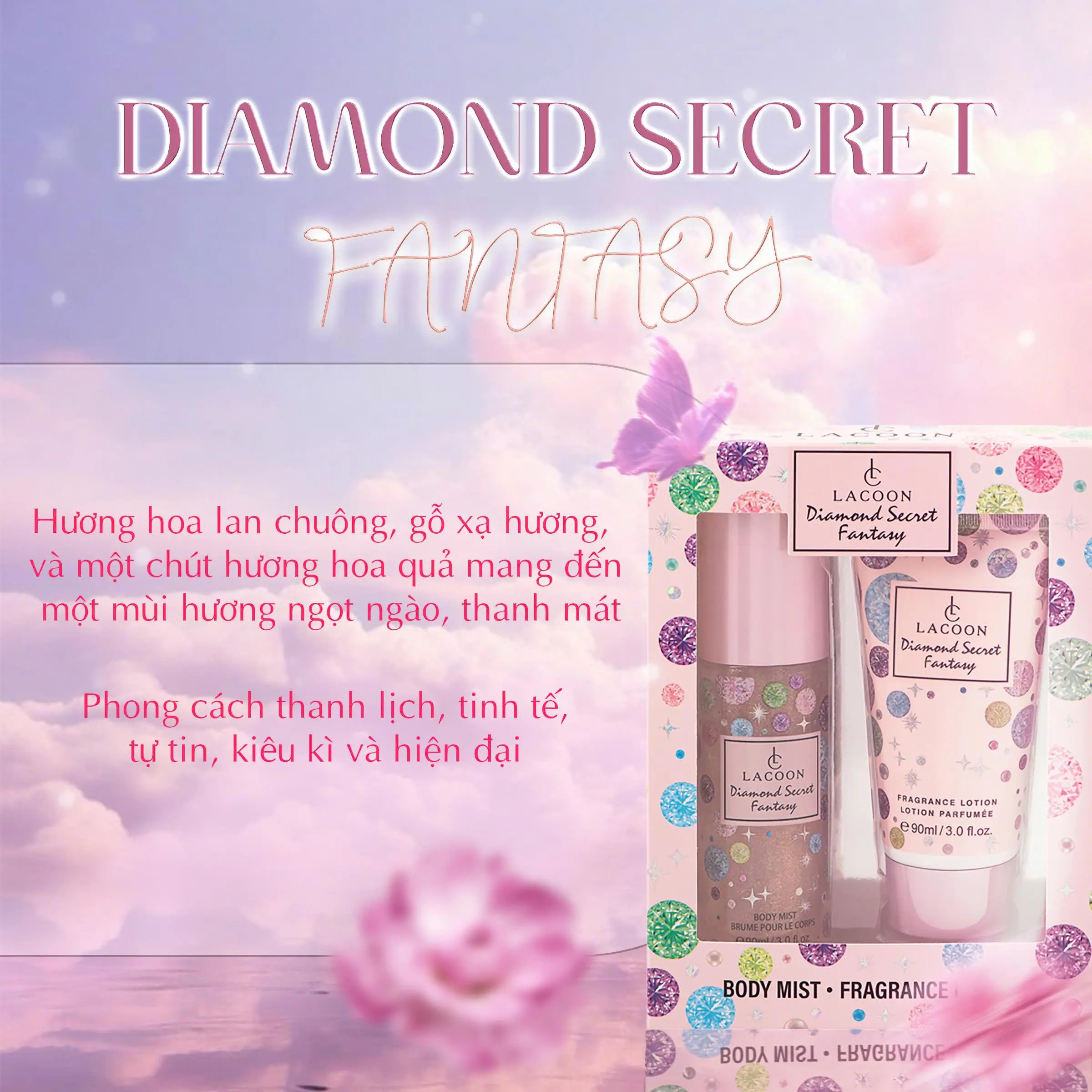 COMBO Bodymist và Body Lotion LACOON hương Diamond Secret Fantasy xịt thơm toàn thân và dưỡng tay giúp da mềm mại cả ngày