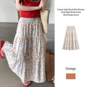【READY STOCK】zeronee-my01  French Style Floral Skirt Women Casual Plain pattern High Waist A-line Skirt pleated Long Skirt for Women Fit Wanita kain kembang perempuan