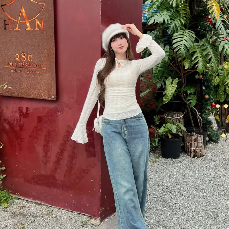 Áo len nữ RedShop tay loe đính nơ chất liệu lông thỏ mềm mịn co giãn CÓ LÓT - TOP Women 306002 Kem 3