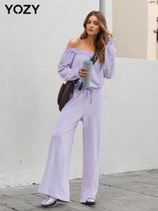 YOZY Women's Solid Off Shoulder Tie Front Jumpsuit, Casual Long Sleeve Jumpsuit for Spring & Fall, Women's Clothes for Daily Wear