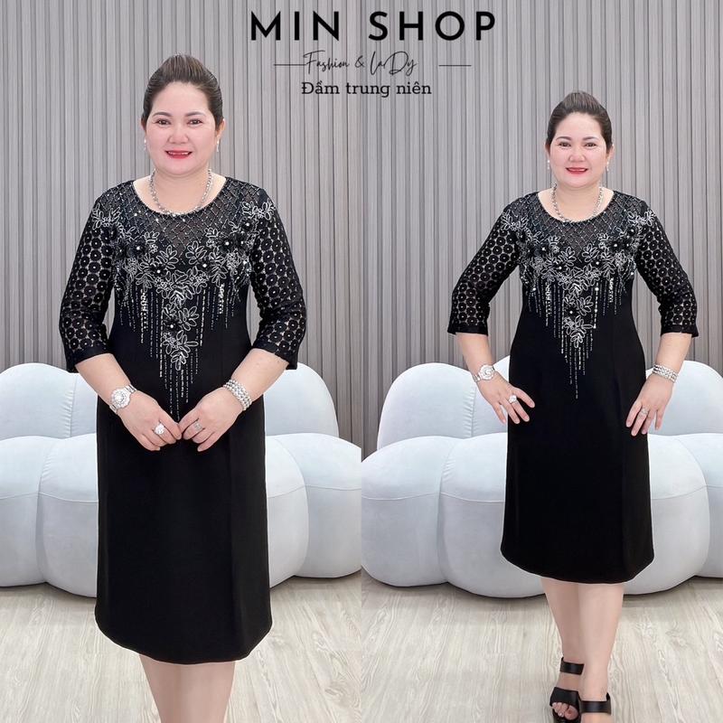 Đầm body trung niên cao cấp hoa ren kết đá cổ 3D Min Shop - Voan, Nữ Women Sen Dress Voi Kem Hoa Sen Đen Đỏ 2