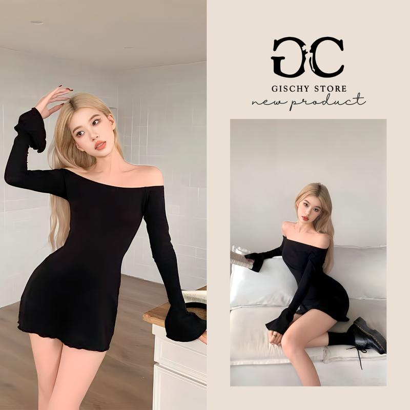  GISCHY-GC05-Đầm Body Trễ Vai Tay Dài Xòe GISCHY Dáng Chữ A Siêu Xinh Váy Ôm Sát Form Tôn Eo Chất Thun Cotton Mềm Co Giãn Nữ Màu Đen Women Dress Tre nhún bèo 