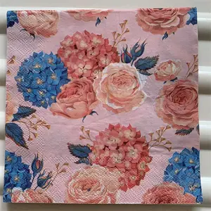 060. Tisu decoupage / tisu pesta bunga 33x33cm motif bunga merah biru bg pink