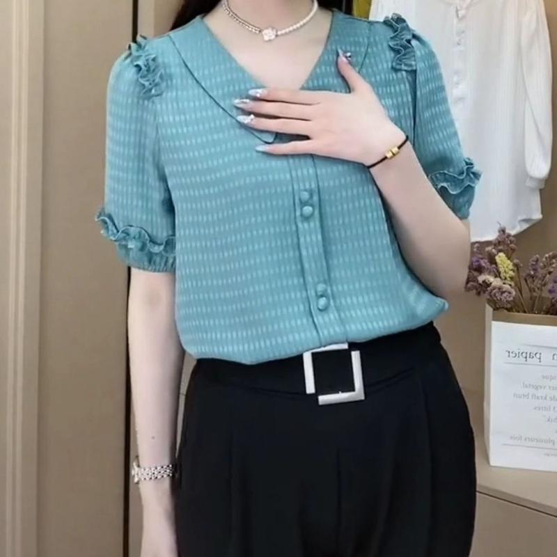 Áo Thun Ngắn Tay Cho Nữ, Áo Voan Có Cổ Búp Bê, Quần Áo Cho Mẹ, Áo Thời Trang Đa Năng 6
