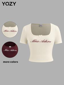 YOZY Women's Letter Print Bow Decor Square Neck Tee, Fashion Casual Short Sleeve T-shirt for Daily Wear, Ladies Clothes for All Seasons, Top