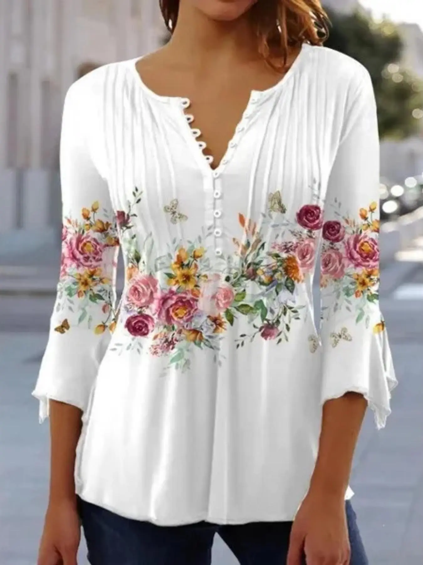 Women's Floral Print Button Front Peplum Tee, Elegant Flounce Sleeve Round Neck Top for Spring & Summer, Women's Clothing for Daily Wear, Summer Clothes for Lady, Womenswear for Summer