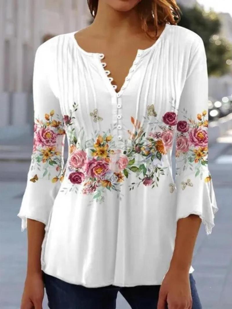 Product Introduction of Women's Floral Print Button Front Peplum Tee, Elegant Flounce Sleeve Round Neck Top for Spring & Summer, Women's Clothing for Daily Wear, Summer Clothes for Lady, Womenswear for Summer 6