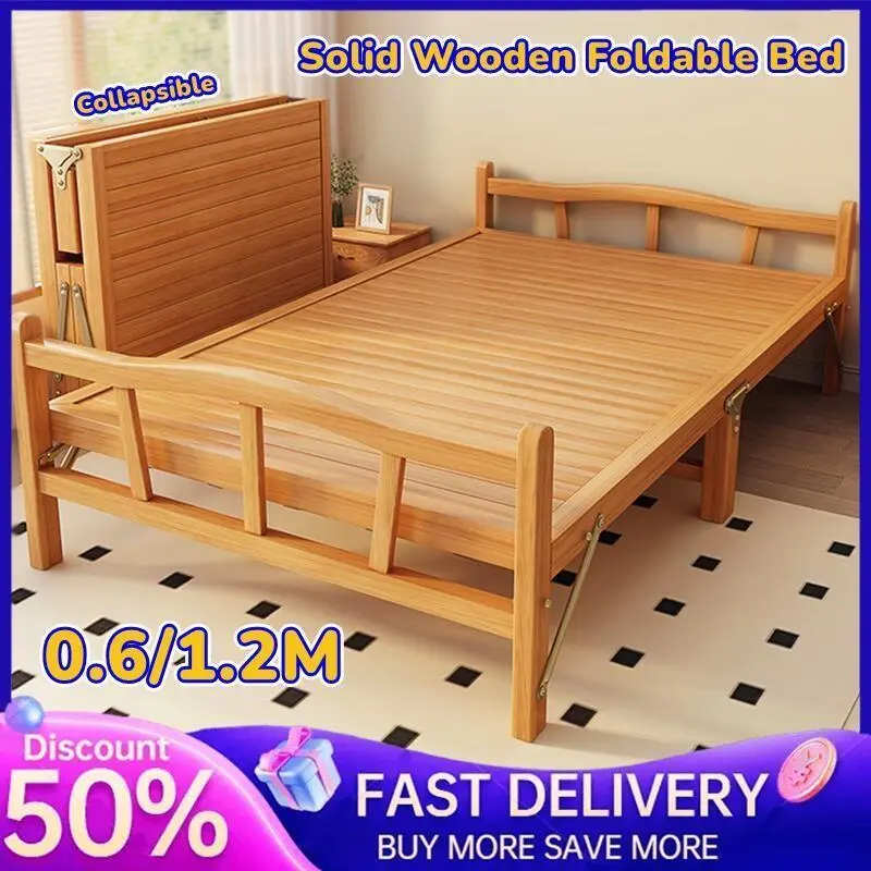 【SG Local Seller】Solid Wooden Foldable Bed Single Bed Frame 0.6/1.2M Household Simple Double Solid Wood Frame Reinforced Bed