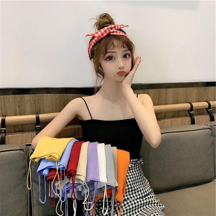 Spring Summer Korean Style Internet Celebrity Hot Item Cool Silk Camisole Outerwear Base Shirt Inner Vest Solid Color Casual