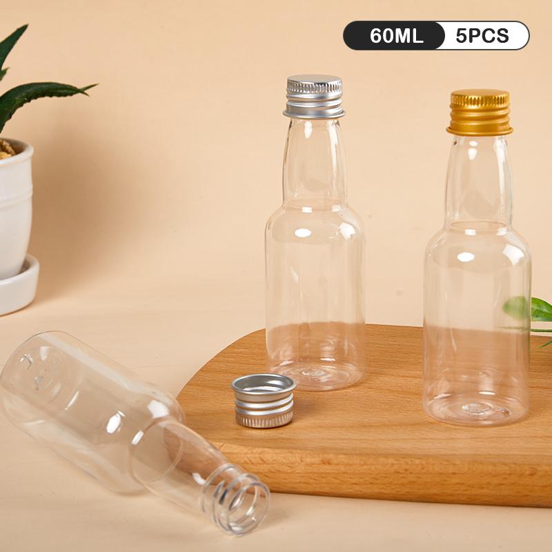 Product Introduction of 5Pcs 60ml Mini Clear PET Refillable Small Wine Bottles For Party Wedding Liquor Bottles With Leak Proof Screw Lid 19