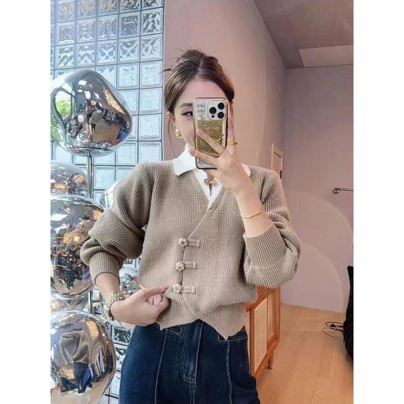 Áo Cardigan Giả Hai Lớp, Thiết Kế Đẹp, Dệt Kim Thanh Lịch Và Thoải Mái, Áo Nữ, Thời Trang Hàn Quốc, Hàng Mới Về Cho Mùa Thu 2024, OOTD 5