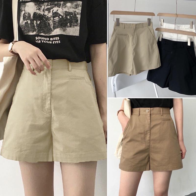 Quần đùi mùa Hè cạp cao có túi trước bên khóa kéo vải Kaki mềm - Quần short nữ lưng cao ống rộng loe vừa mặc nhà biển mùa Hè mát