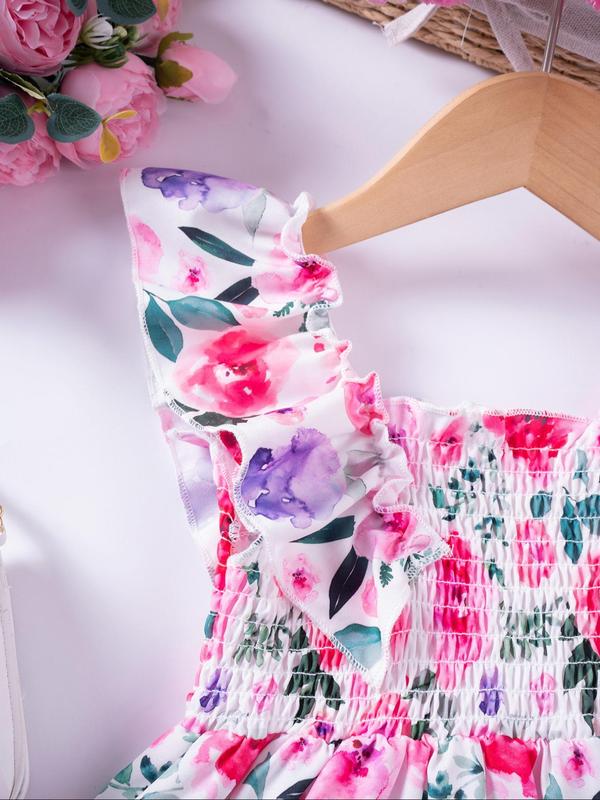 Toddler Girl's Floral Print Frill Ruffle Shirred Tank Dress, Cute Boho Butterfly Sleeve Square Neck A Line Dress for Summer, Kids Clothes for Party Holiday Vacation Wedding Guest 3