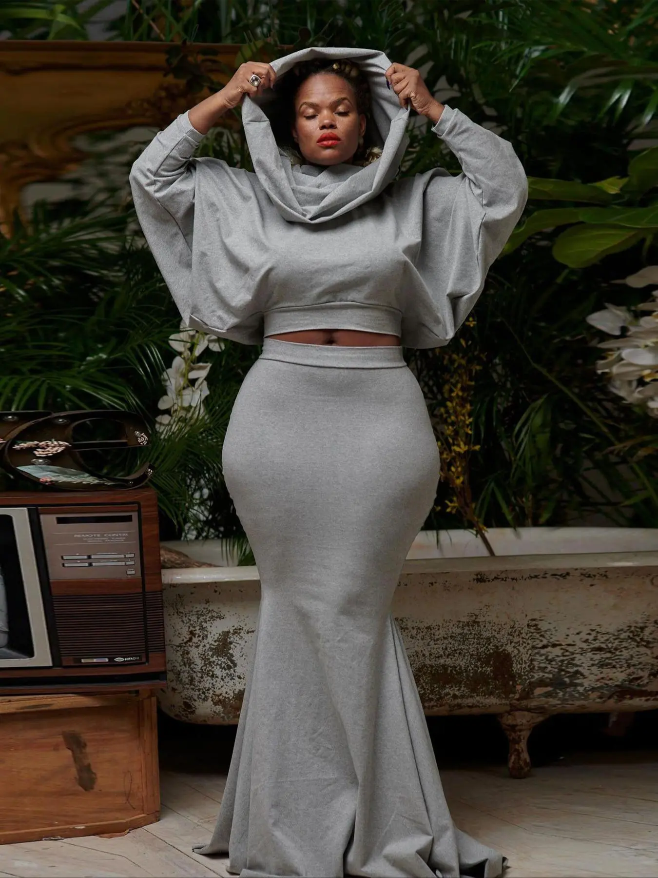 Two-Piece Set Women's Solid Batwing Sleeve Crop Hoodie & Mermaid Skirt Set, Casual Fashion Pullover Top & Skirt for Daily Wear, Ladies Minimalist Spring & Fall Clothes, Basic Outfits, Womenswear