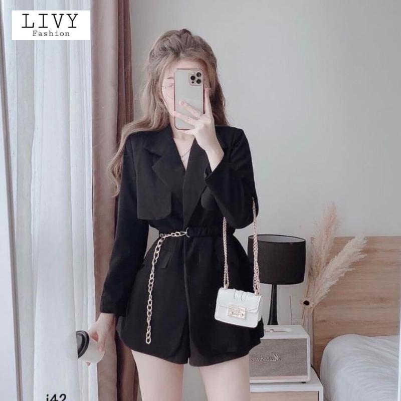 Áo Blazer Nữ Dáng Lỡ Đai Eo Xích Màu Đen Tôn Dáng Freesize