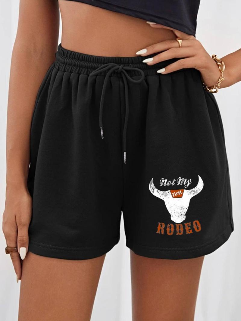Product Introduction of Women's Rodeo Print Drawstring Waist Shorts, Summer Clothes Women, Casual Straight Leg Shorts for Summer, Women's Bottoms for Daily Wear 1