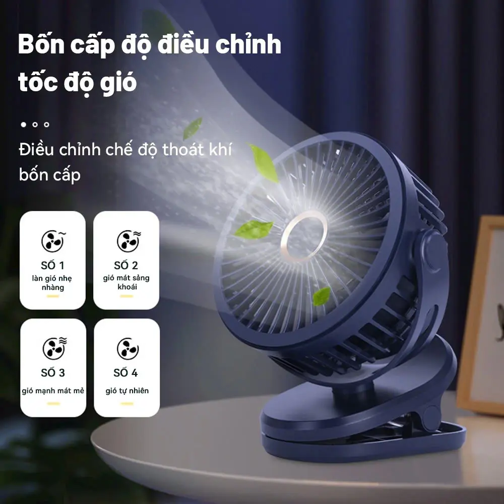 Quạt Mini Kẹp Bàn Cầm Tay Tích Điện Pin Sạc , 5 Tốc Độ Gió , Xoay Linh Hoạt 360 Độ Có Đền LED
